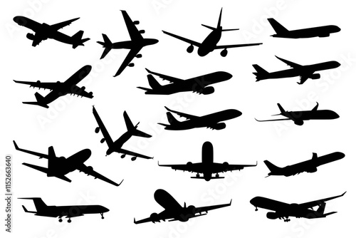 Set of airplanes silhouettes. Planes: in flight, takeoff, running, landing, front, up and profile, vector illustration of aircrafts