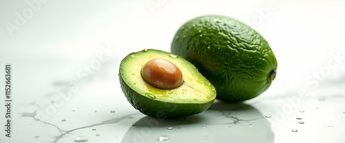 Wallpaper Mural Juicy avocado, halved, revealing its creamy flesh and large seed.  Water droplets accentuate its freshness on a marble surface. Healthy eating! Torontodigital.ca