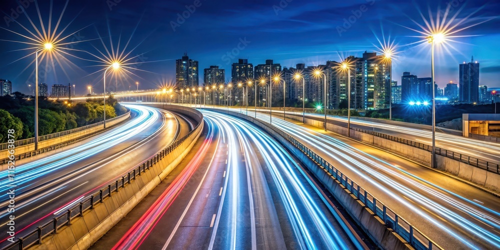 Light trail on urban highway at night , long exposure, city lights, motion blur, speed, transportation, highway Light trail on urban highway at night , long exposure, city lights, motion blur, speed, transportation, highway