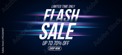 Flash Sale banner design. Shopping poster with text on abstract background of moving laser beams. Template design for your website. Vector illustration. EPS 10