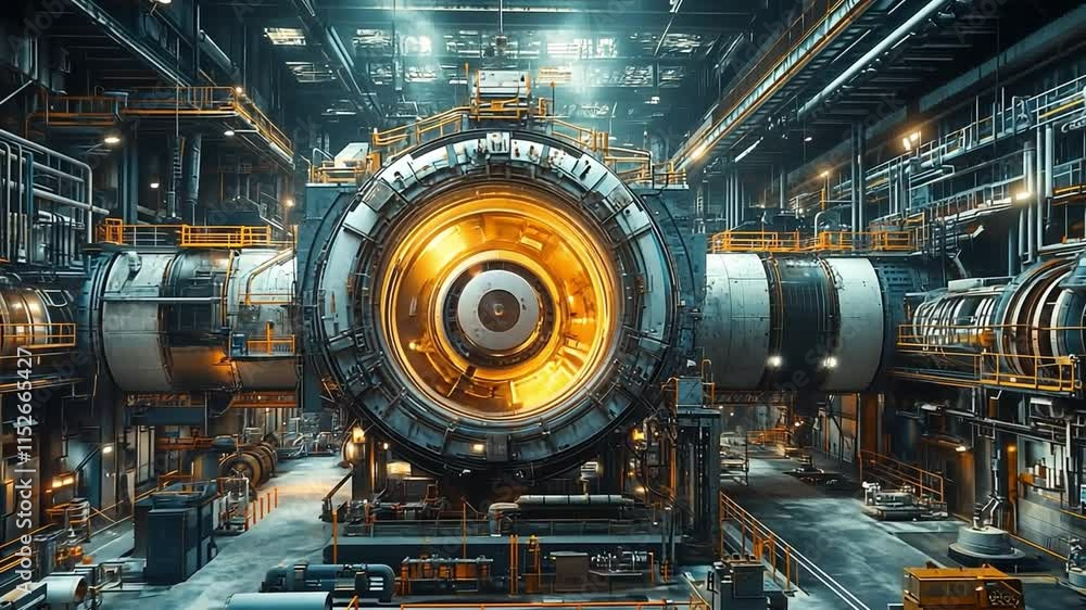 Industrial Powerhouse: A mesmerizing glimpse into the heart of a modern industrial facility, showcasing a massive, glowing turbine in a dramatic setting of steel and machinery. Industrial Powerhouse: A mesmerizing glimpse into the heart of a modern industrial facility, showcasing a massive, glowing turbine in a dramatic setting of steel and machinery.