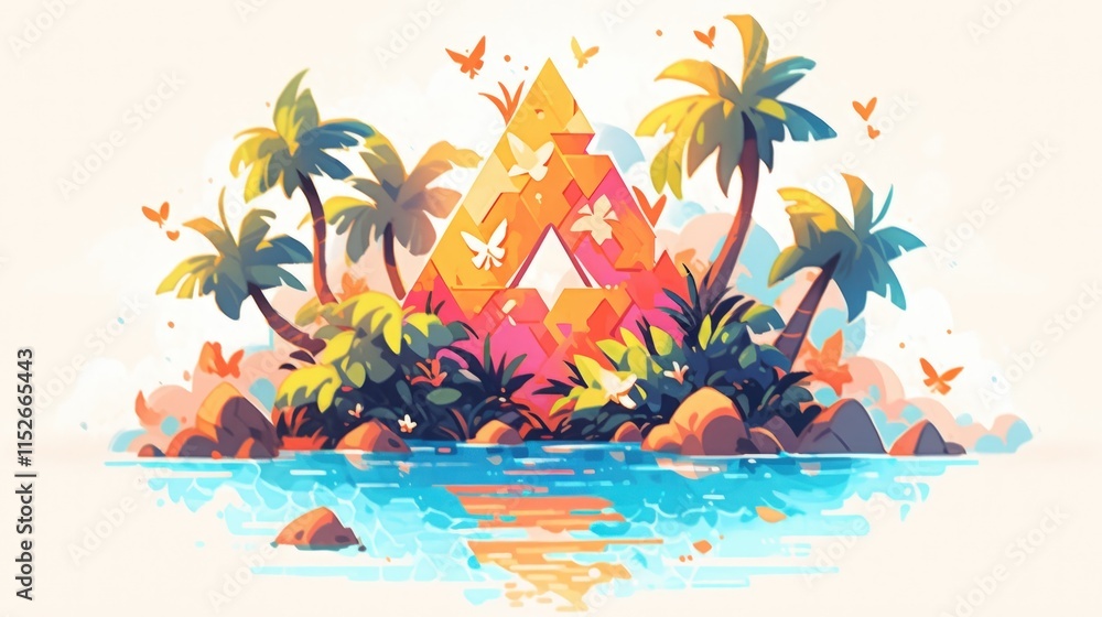 Obraz premium Tropical island, geometric structure, butterflies.