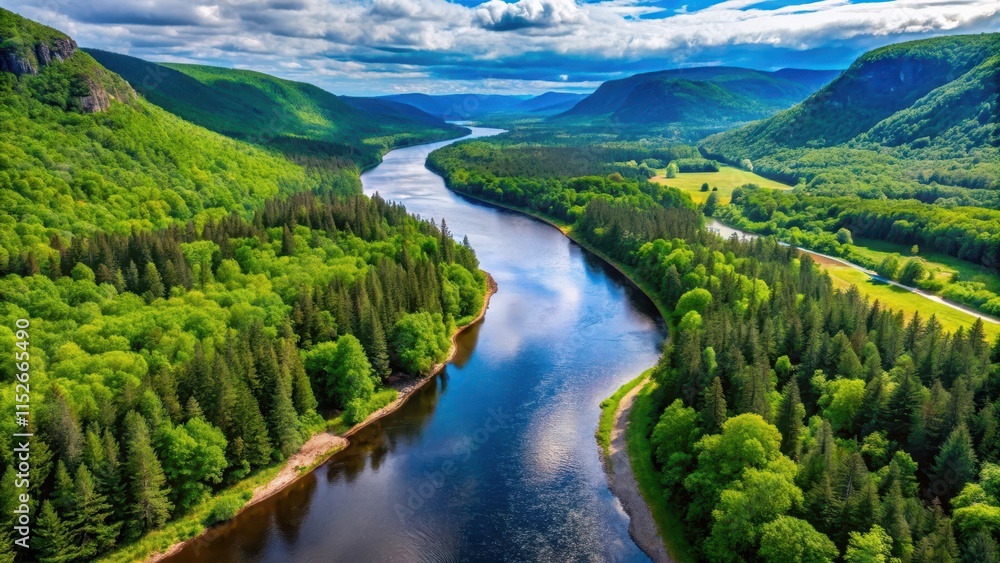 Aerial view of the scenic Malbaie River surrounded by lush greenery in Quebec, Canada, Quebec, Canada, Malbaie River Aerial view of the scenic Malbaie River surrounded by lush greenery in Quebec, Canada, Quebec, Canada, Malbaie River