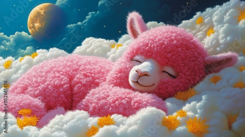 Serene Dreamscape of a Fluffy Pink Lamb on Clouds at Night photo