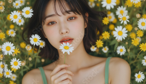 Portrait of a Asian Woman Holding a Daisy Flower Amid Blooming Daisies