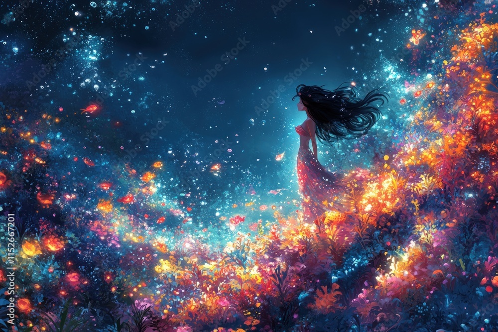 Fototapeta premium Woman in glowing floral dress, night scene.