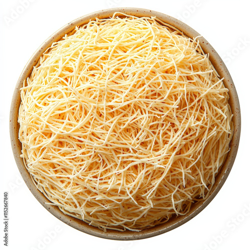 Shredded egg yolk in bowl, showcasing fine, delicate texture. This culinary ingredient adds richness and flavor to various dishes, enhancing their appeal and taste