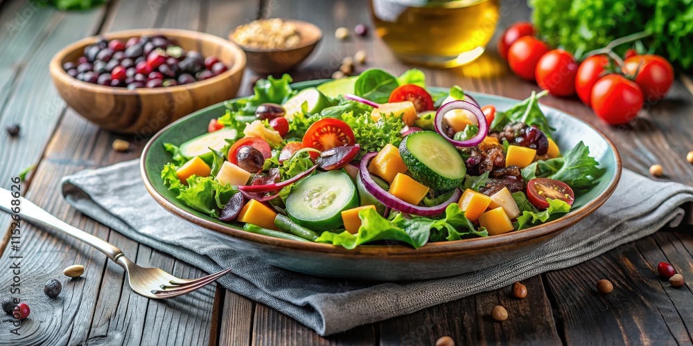 Healthy vegan salad on a table , fresh, nutritious, plant-based, organic, delicious, colorful, appetizing, vegan Healthy vegan salad on a table , fresh, nutritious, plant-based, organic, delicious, colorful, appetizing, vegan