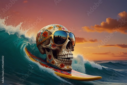 Skull Surfing A Massive Wave At Sunset, Wearing Retro Sunglasses photo