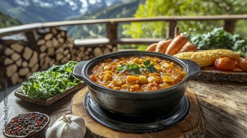 Fototapeta Naklejka Na Ścianę i Meble -  Savoring Andorran Escudella Stew: A Hearty Delight on a Rustic Table with an Alpine Backdrop