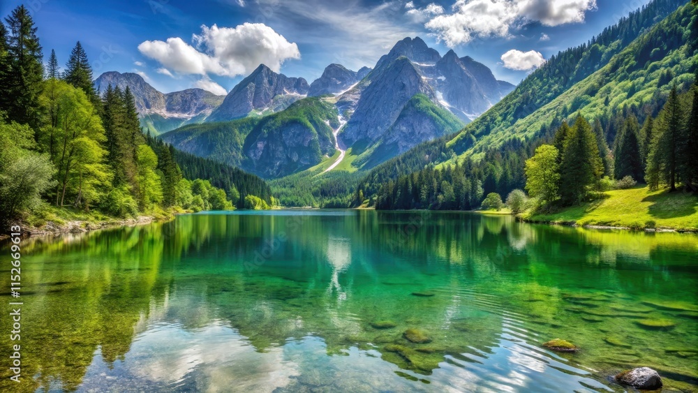 Mountain lake in Styria, Austria surrounded by lush green forests and towering mountains, Leopoldsteinersee, Austria Mountain lake in Styria, Austria surrounded by lush green forests and towering mountains, Leopoldsteinersee, Austria