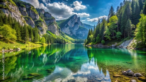 Mountain lake in Styria, Austria surrounded by lush forests and rocky cliffs, Leopoldsteinersee, Austria, mountain lake