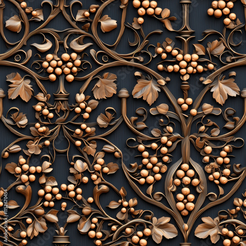 Elegant floral seamless pattern featuring intricate vines and berries in warm tones against dark background, perfect for textile or wallpaper design photo