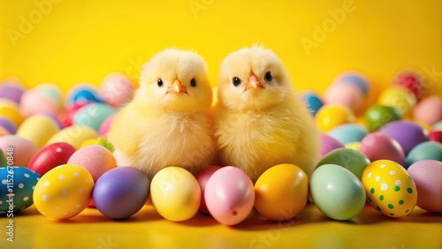Two Easter chicks surrounded by painted Easter eggs on yellow background, Easter, chicks, eggs, yellow, background