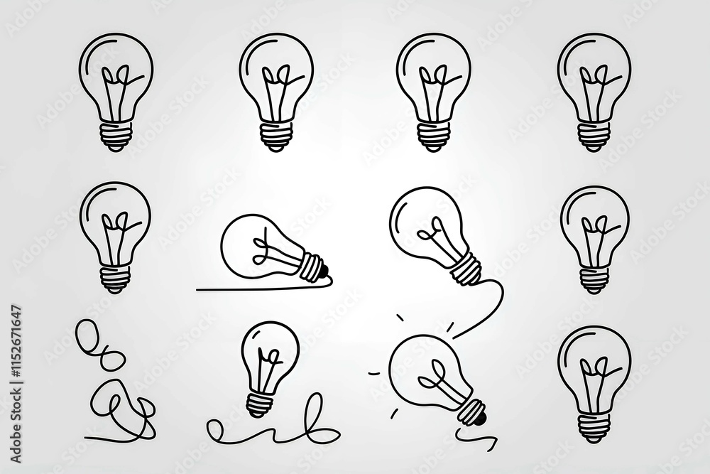 repetitive light bulb designs arranged creatively on a white background, symbolizing innovation, creativity, and bright ideas repetitive light bulb designs arranged creatively on a white background, symbolizing innovation, creativity, and bright ideas