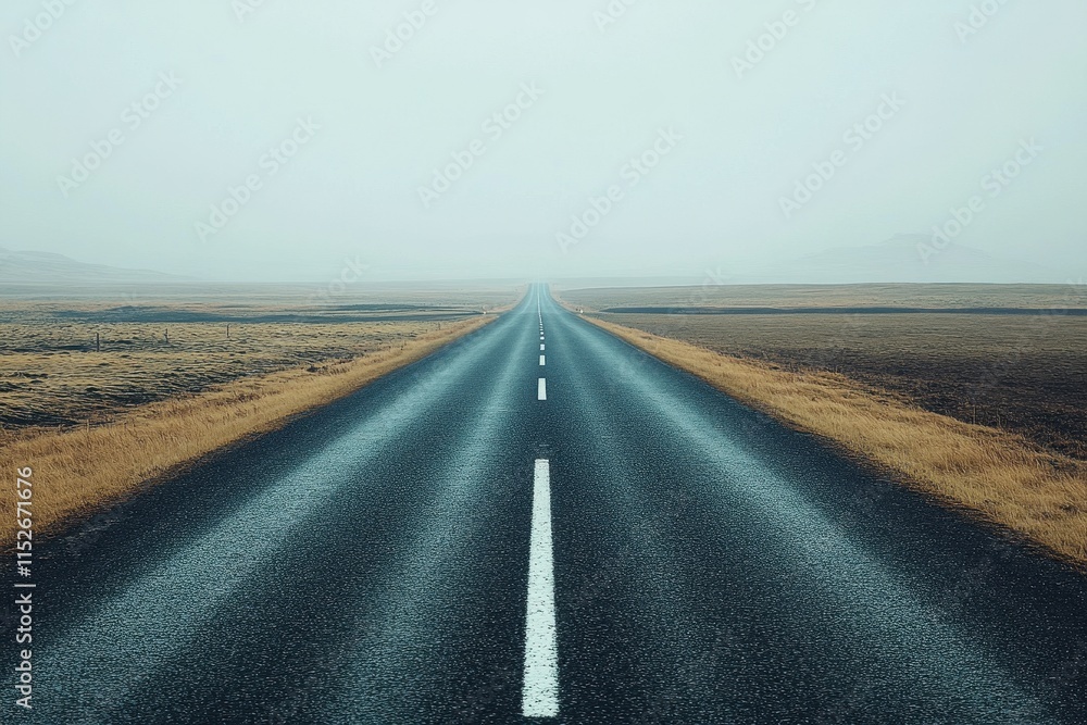 Asphalt road vanishing into foggy distance; yellow-brown grass flanks the long highway. Perfect for travel, journey, or freedom concepts; evokes a sense of open road and adventure. Asphalt road vanishing into foggy distance; yellow-brown grass flanks the long highway. Perfect for travel, journey, or freedom concepts; evokes a sense of open road and adventure.