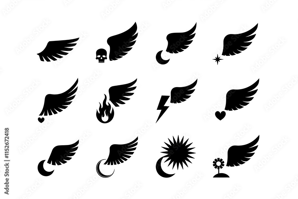 artistic set of various wing silhouettes representing freedom, dreams, and spirituality in a minimal black vector style artistic set of various wing silhouettes representing freedom, dreams, and spirituality in a minimal black vector style