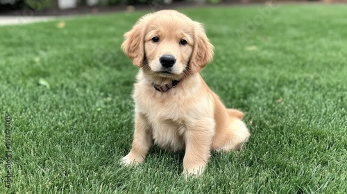 Adorable Golden Retriever Puppy Sitting on Grass photo