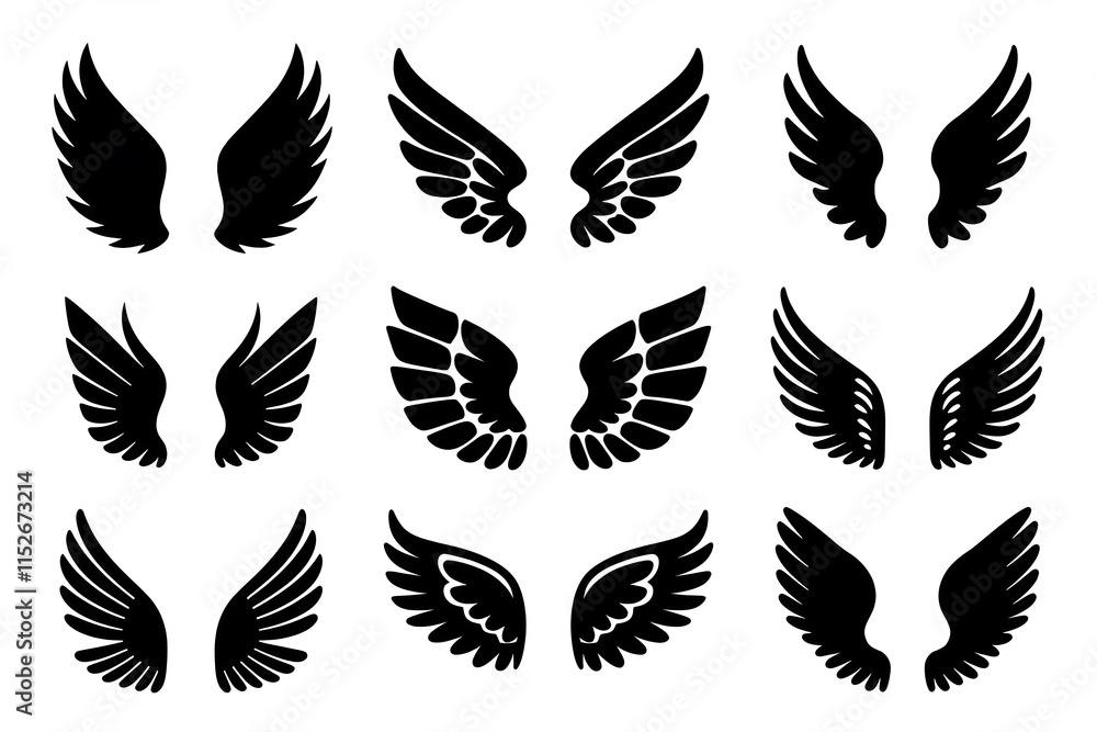Obraz premium black and white illustration of angel wings with various shapes and sizes, perfect for spiritual, fantasy, and decorative designs with a timeless and artistic appeal