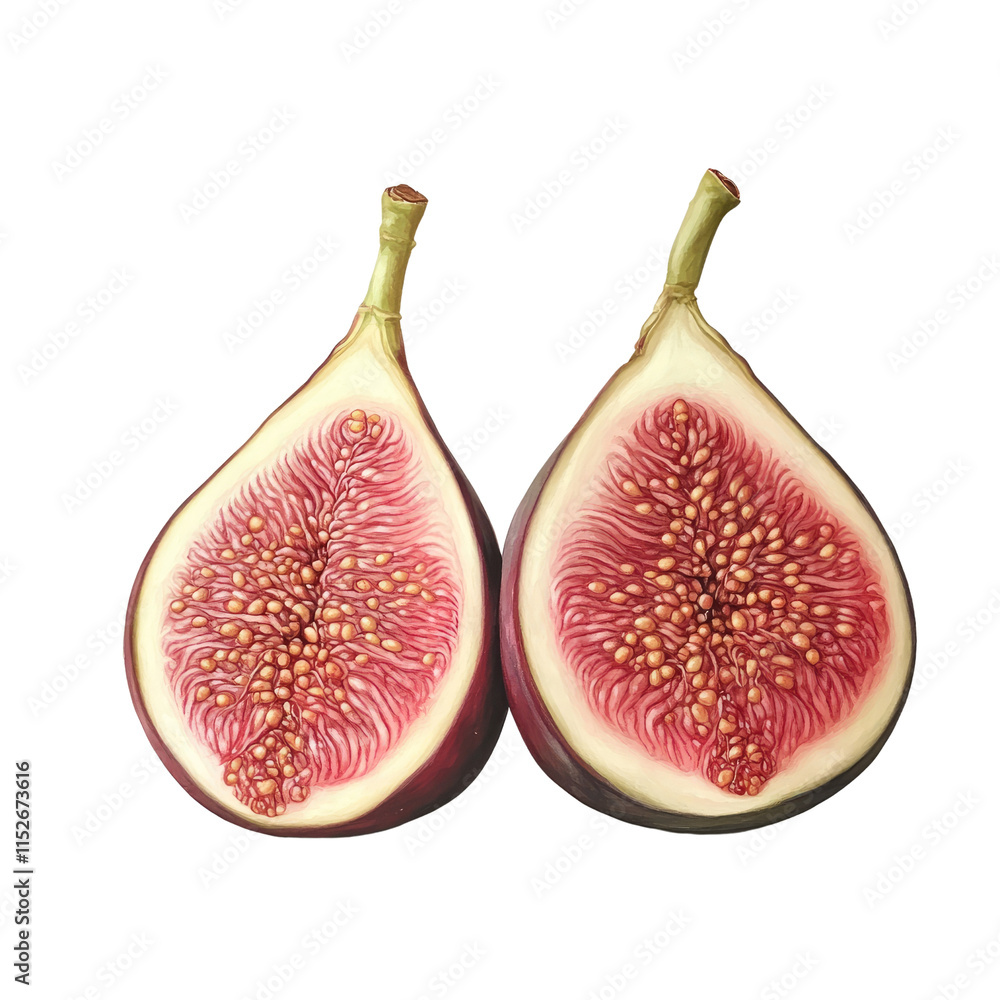 Fresh ripe figs composition with whole and halved fruit revealing juicy pink flesh and seeds. Cut out Fresh ripe figs composition with whole and halved fruit revealing juicy pink flesh and seeds. Cut out