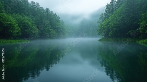 Misty lake reflects verdant forested hills.