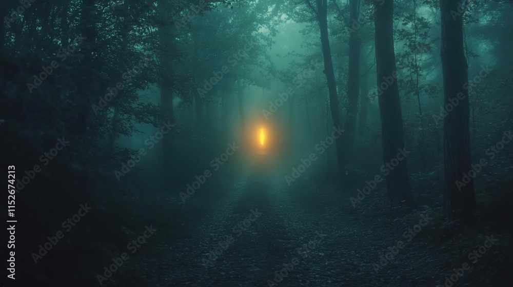 Obraz premium a yellow light in the middle of a dark forest