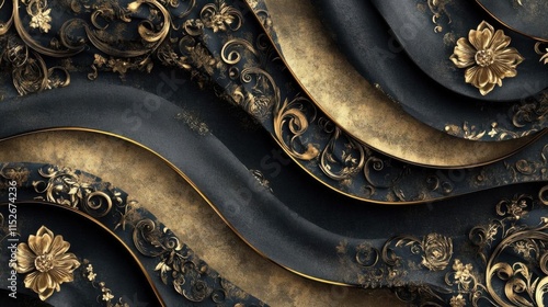 Golden flowers and swirls decorate luxurious black and gold abstract waves, elegant design elements. Luxury, elegance.