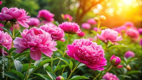 Vibrant pink peonies blooming in a lush garden with greenery and soft sunlight, lovely, floral,  lovely, floral,flowers