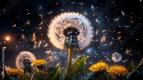 Dandelion Wishes Under a Starry Night Sky: A Digital Painting AI Generated photo