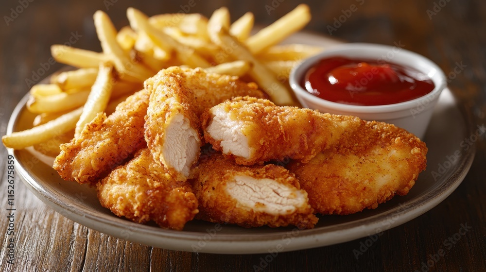 Crispy chicken tenders served with golden fries and ketchup. Perfect for menus, websites, or blogs showcasing delicious fast food. Crispy chicken tenders served with golden fries and ketchup. Perfect for menus, websites, or blogs showcasing delicious fast food.