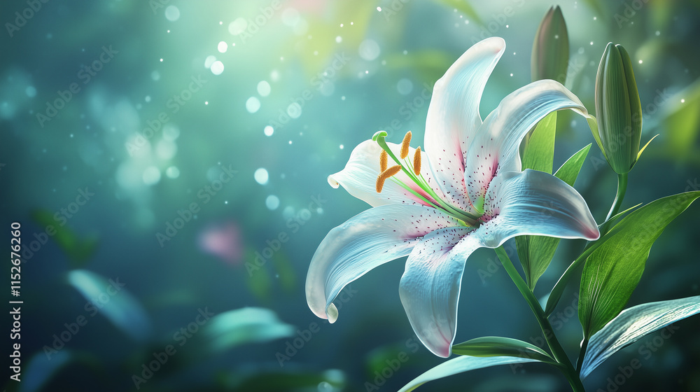 Fototapeta premium Stunning White Lily Bloom in a Mystical Forest Setting
