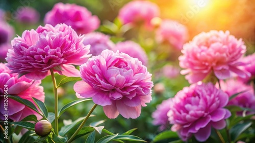 Vibrant pink peonies blooming in a lush garden with soft sunlight filtering through the petals, delicate petals, pastel colors