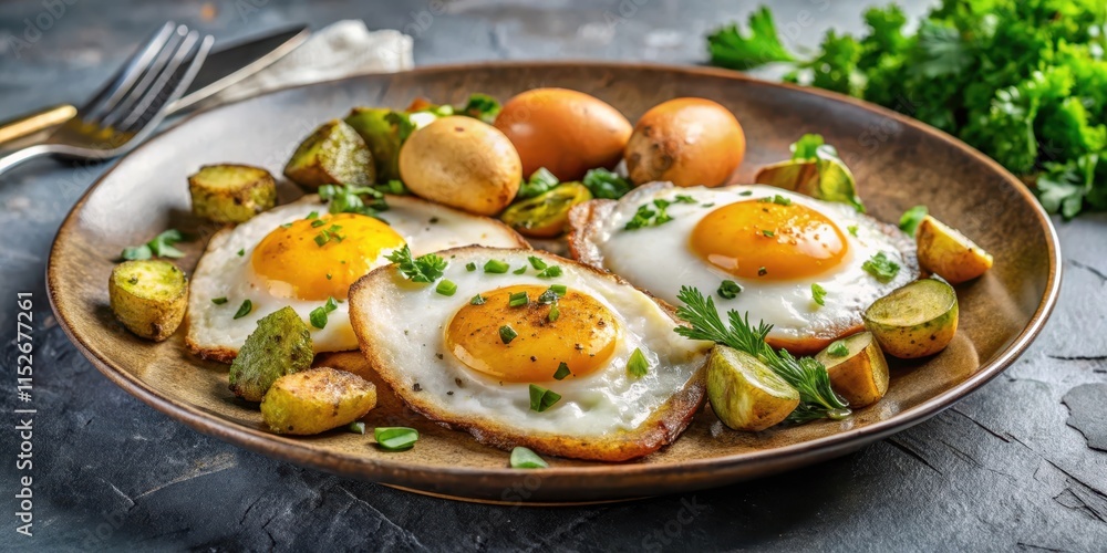Crispy fried eggs on a plate with sliced gherkin and roast potato, garnished with fresh parsley , garnish, golden, garnish Crispy fried eggs on a plate with sliced gherkin and roast potato, garnished with fresh parsley , garnish, golden, garnish