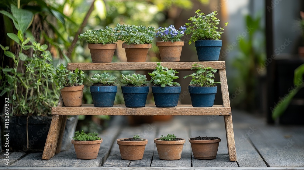 Fototapeta premium Upcycled wooden ladder used as a rustic plant stand, showcasing eco-friendly and creative home decor with potted plants, combining sustainability and charm in a natural design.