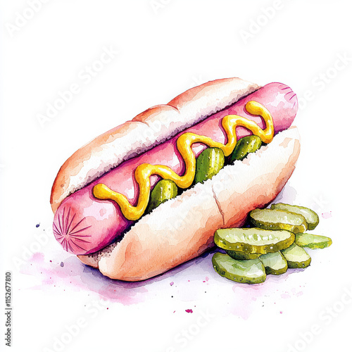 Hot dog with mustard and pickles in watercolor style isolated design on white background photo