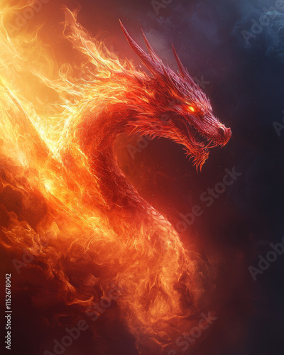 vibrant red dragon surrounded by flames, exuding power and intensity