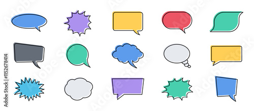 Icon set Colorful speech bubblesvector. Empty design elements for comic book, text message, chat comment, idea thought, discussion. Speak balloon shapes, talk clouds, cartoon think banner, note label photo