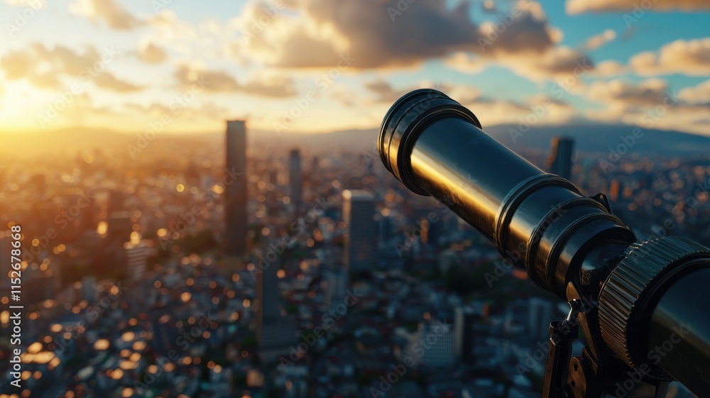 A telescope overlooks a vibrant cityscape at sunset, capturing the beauty of the skyline and colorful clouds under the golden light. A telescope overlooks a vibrant cityscape at sunset, capturing the beauty of the skyline and colorful clouds under the golden light.