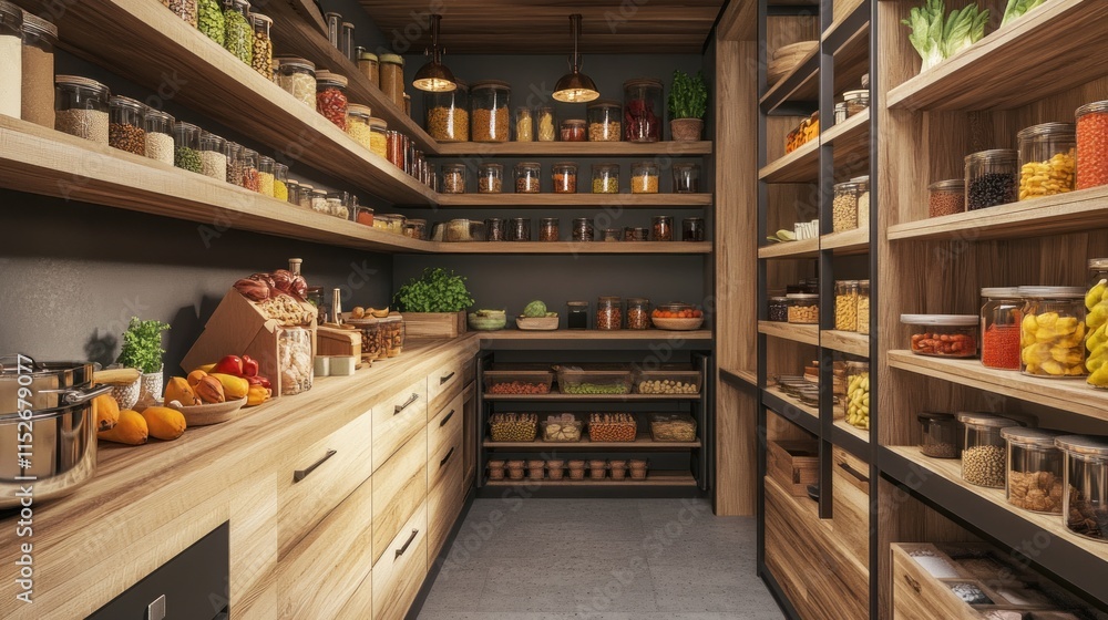 Fototapeta premium Well-organized pantry with various food items on wooden shelves.
