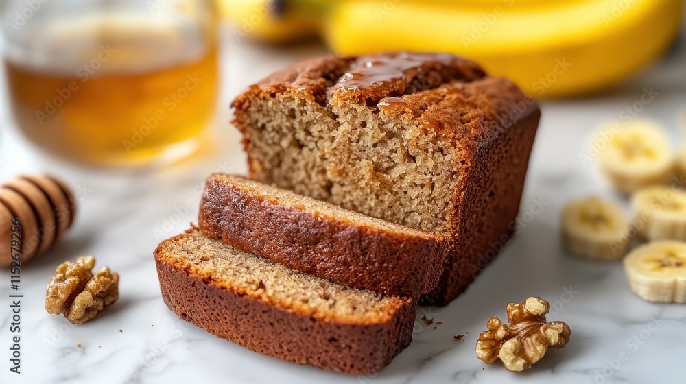 Delicious honey-glazed banana bread, sliced and ready to serve. Perfect for a sweet treat or breakfast, this photo highlights homemade baking. Delicious honey-glazed banana bread, sliced and ready to serve. Perfect for a sweet treat or breakfast, this photo highlights homemade baking.