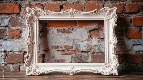 Ornate frame in vintage brick setting: antique design, empty backdrop, classic elegance, retro decor, rustic interior, stylish accents, bohemian style photo