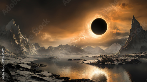 Solar eclipse panoramic view of the sky while the moon blocks the sun. Eclipser. Illustration photo