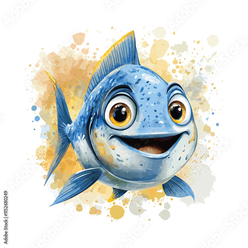 Vector illustration of a cheerful cartoon fish with watercolor. isolated on white background.