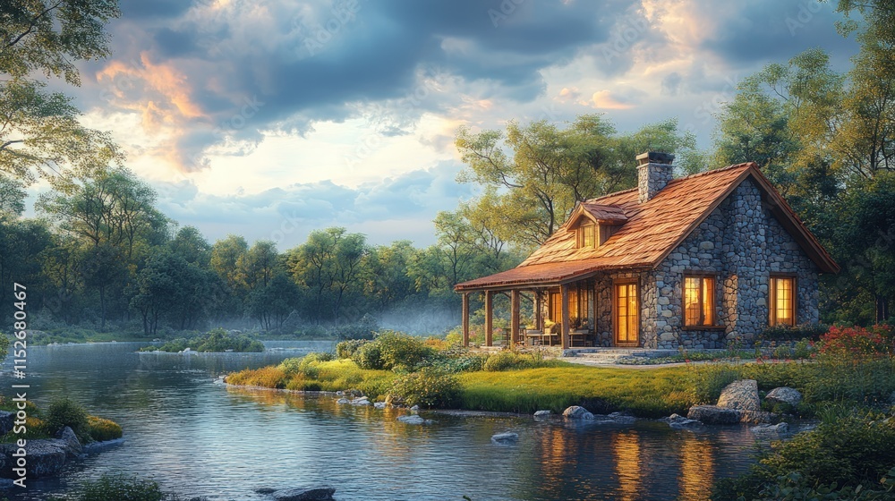 Fototapeta premium Stone cottage, lakeside setting, idyllic sunset.