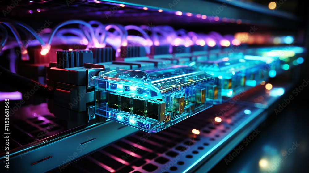 Neon-Lit Server Racks with Circuitry and Cables Neon-Lit Server Racks with Circuitry and Cables