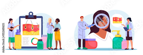 Diagnosis by dermatologist set. Doctors analyze structure of dermis. Beautician with magnifying glass examines acne on womans face. Flat vector collection