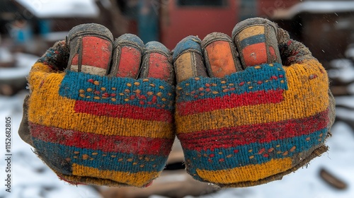 Colorful worn gloves show signs of use in a snowy outdoor setting during winter activities photo