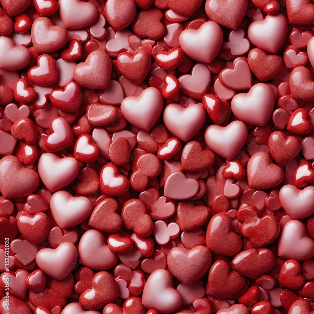 A seamless pattern of vibrant red hearts of varying sizes, scattered across a bright, soft pink background. A seamless pattern of vibrant red hearts of varying sizes, scattered across a bright, soft pink background.