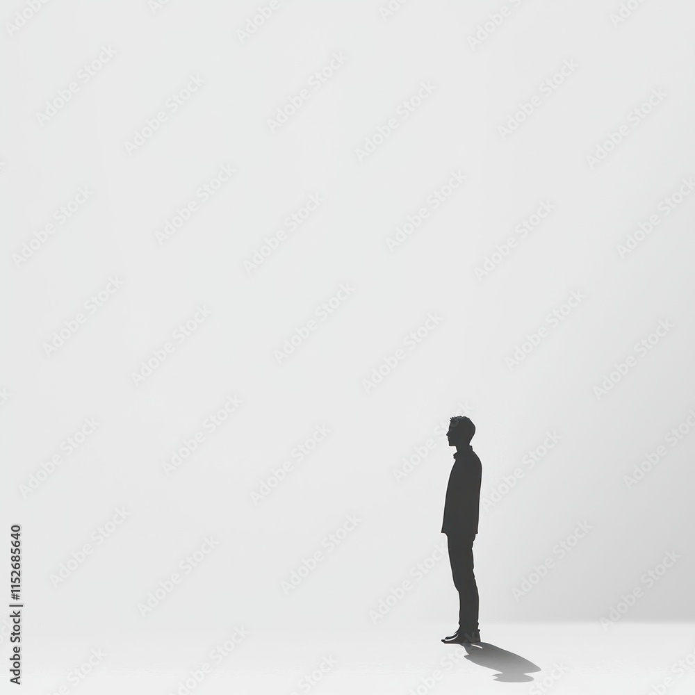 A solitary figure stands in silhouette against a bright white background, symbolizing introspection, solitude, and the exploration of one’s thoughts and emotions in a minimalist setting A solitary figure stands in silhouette against a bright white background, symbolizing introspection, solitude, and the exploration of one’s thoughts and emotions in a minimalist setting