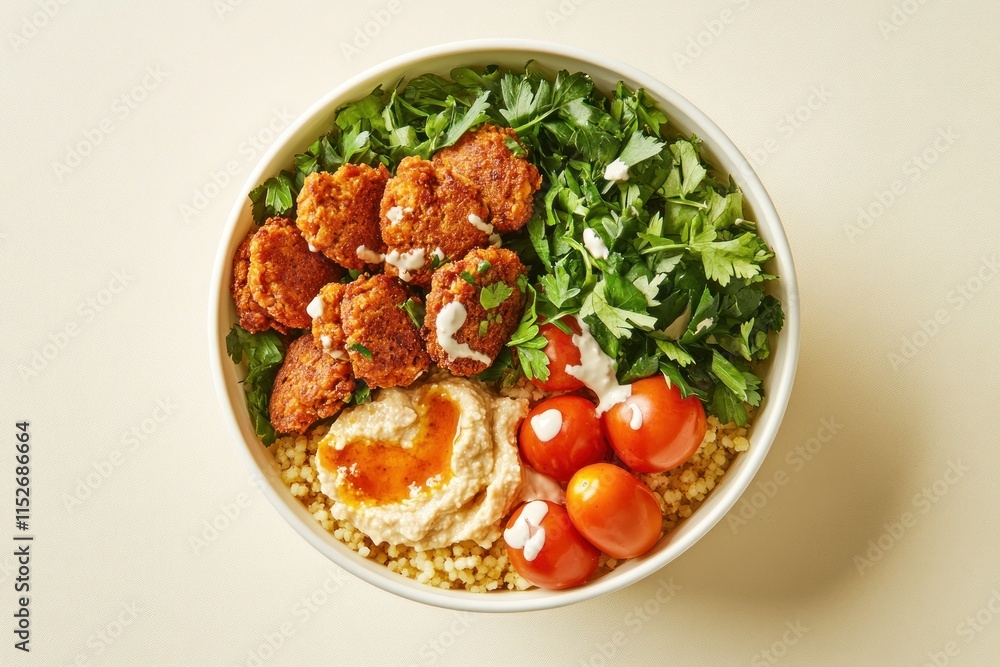A vibrant bowl featuring falafel, greens, hummus, and cherry tomatoes for a healthy meal. A vibrant bowl featuring falafel, greens, hummus, and cherry tomatoes for a healthy meal.